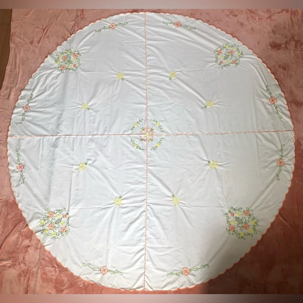 Vintage 75” Round Embroidered Yellow Orange Floral Ivory Table Cloth
